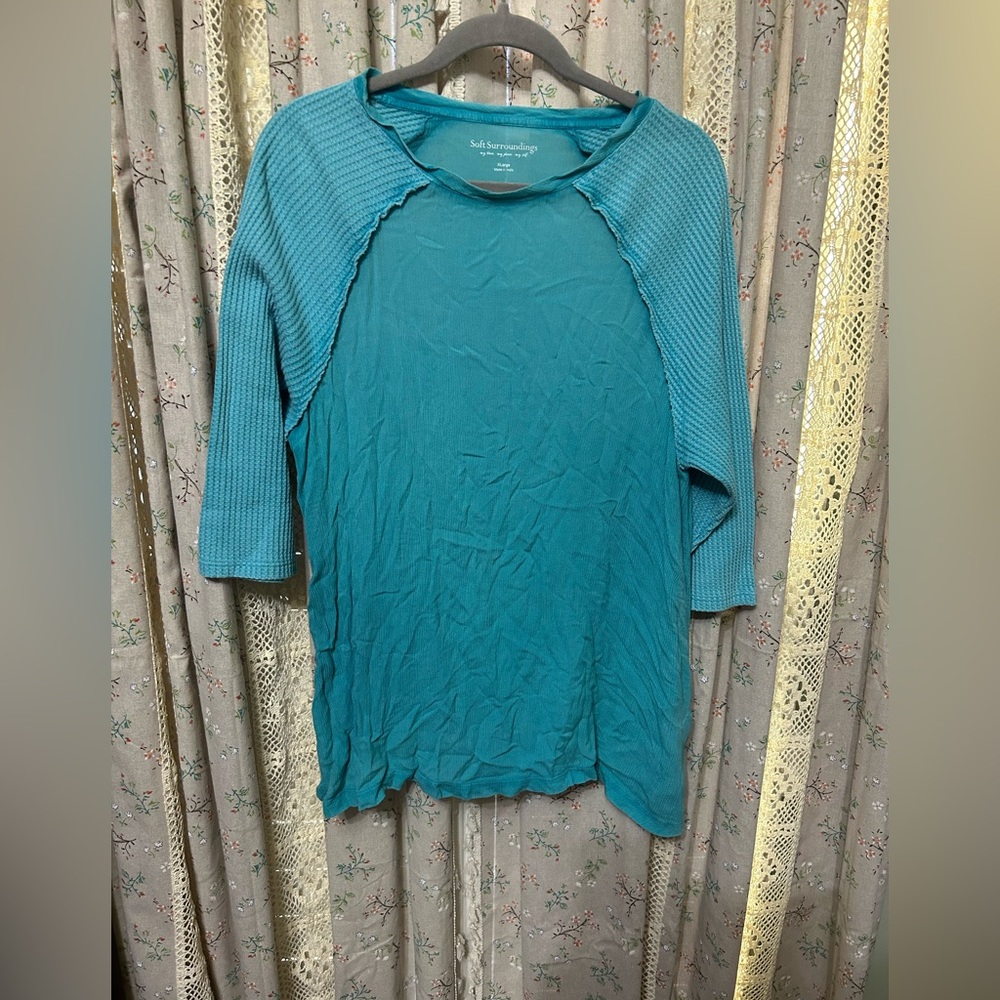 Soft Surroundings Teal Oversized Half Sleeve Mixed Media Top Size XL